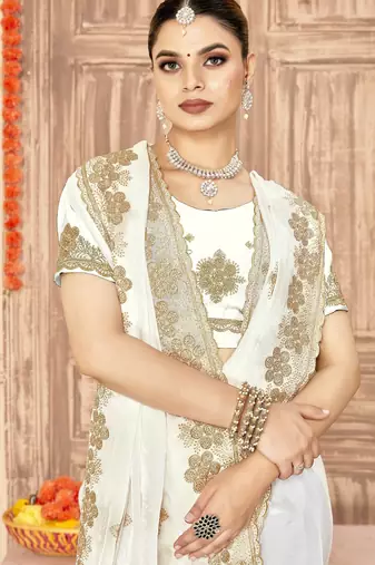 White color zari embroidery work zarkhan work fendy silk blend saree with blouse