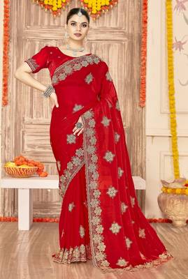 Red color zari embroidery work zarkhan work fendy silk blend saree with blouse 1