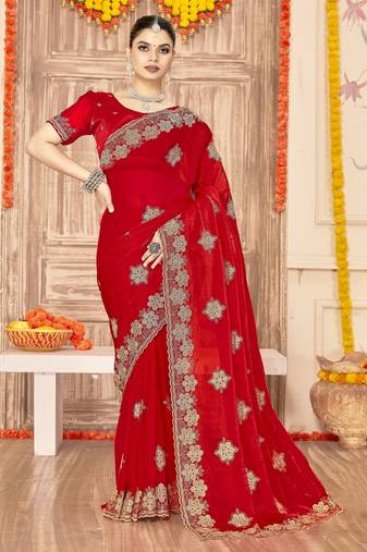 Red color zari embroidery work zarkhan work fendy silk saree with blouse