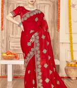 Red color zari embroidery work zarkhan work fendy silk saree with blouse