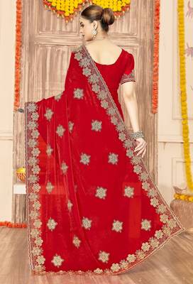 Red color zari embroidery work zarkhan work fendy silk blend saree with blouse 2