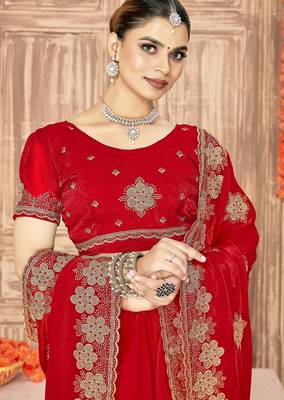 Red color zari embroidery work zarkhan work fendy silk blend saree with blouse 3