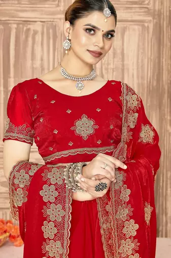 Red color zari embroidery work zarkhan work fendy silk blend saree with blouse