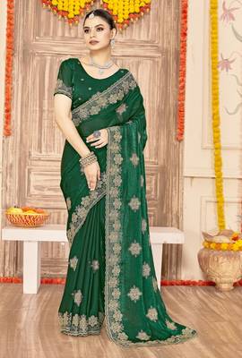 Botle green color zari embroidery work zarkhan work fendy silk blend saree with blouse 1