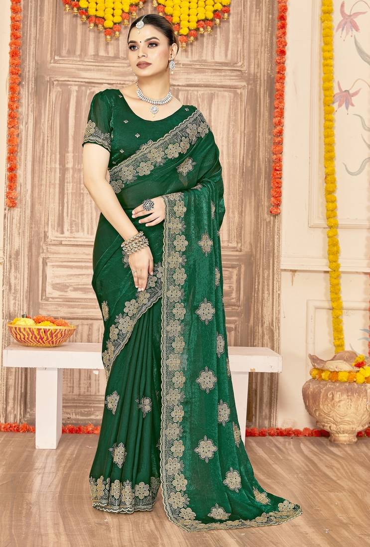 Botle green color zari embroidery work zarkhan work fendy silk saree with blouse