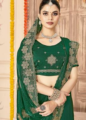 Botle green color zari embroidery work zarkhan work fendy silk blend saree with blouse 3