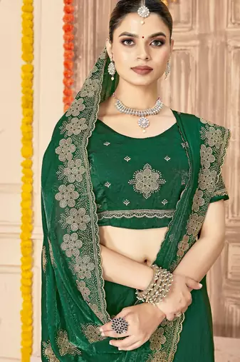 Botle green color zari embroidery work zarkhan work fendy silk blend saree with blouse