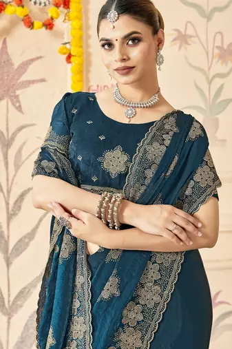Morpeach color zari embroidery work zarkhan work fendy silk blend saree with blouse