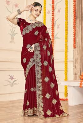 Maroon color zari embroidery work zarkhan work fendy silk blend saree with blouse 1