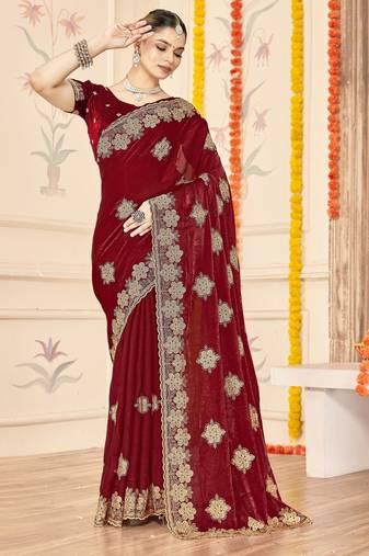 Maroon color zari embroidery work zarkhan work fendy silk saree with blouse