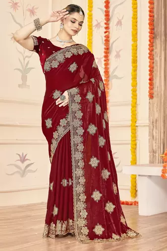 Maroon color zari embroidery work zarkhan work fendy silk saree with blouse
