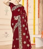 Maroon color zari embroidery work zarkhan work fendy silk saree with blouse