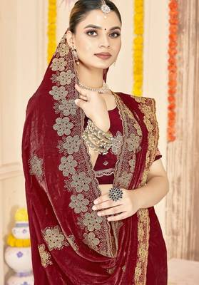 Maroon color zari embroidery work zarkhan work fendy silk blend saree with blouse 2