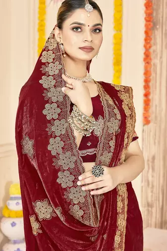 Maroon color zari embroidery work zarkhan work fendy silk blend saree with blouse
