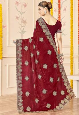 Maroon color zari embroidery work zarkhan work fendy silk blend saree with blouse 3