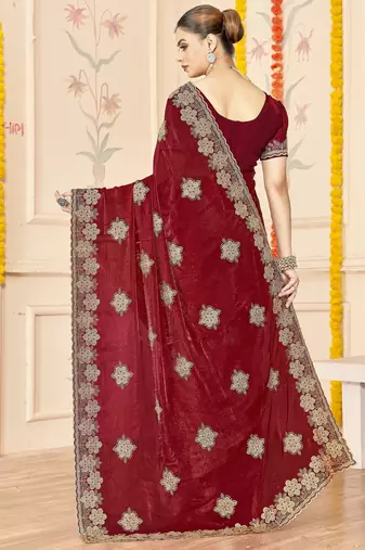 Maroon color zari embroidery work zarkhan work fendy silk blend saree with blouse