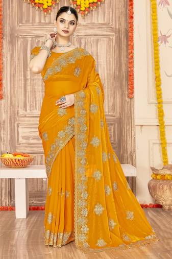 Musturd color zari embroidery work zarkhan work fendy silk saree with blouse