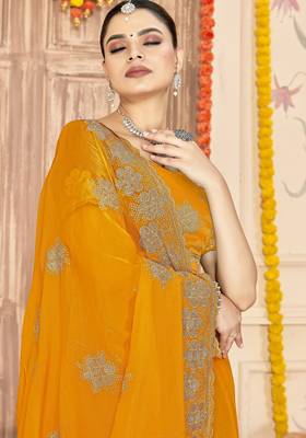 Musturd color zari embroidery work zarkhan work fendy silk blend saree with blouse 2