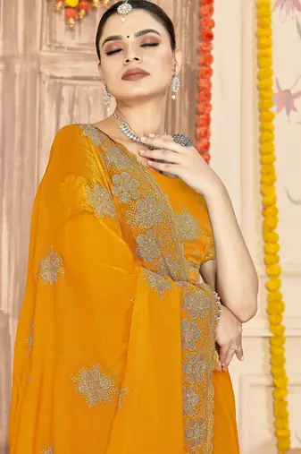 Musturd color zari embroidery work zarkhan work fendy silk blend saree with blouse