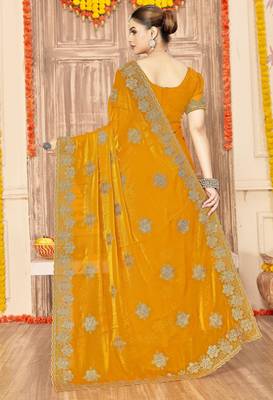 Musturd color zari embroidery work zarkhan work fendy silk blend saree with blouse 3