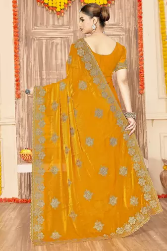 Musturd color zari embroidery work zarkhan work fendy silk blend saree with blouse