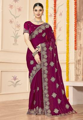 Wine color zari embroidery work zarkhan work fendy silk blend saree with blouse 1