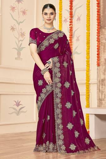 Wine color zari embroidery work zarkhan work fendy silk saree with blouse
