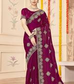 Wine color zari embroidery work zarkhan work fendy silk saree with blouse