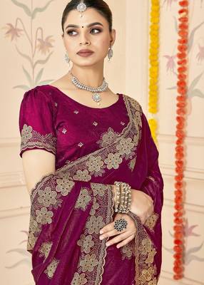 Wine color zari embroidery work zarkhan work fendy silk blend saree with blouse 3