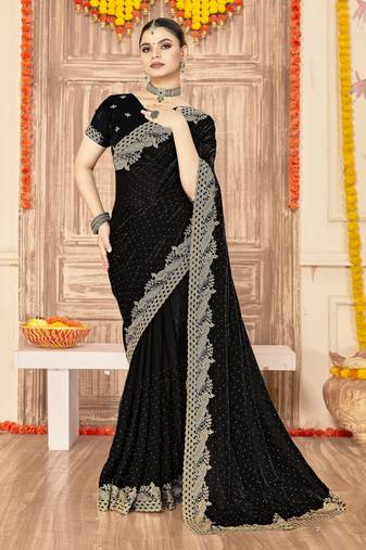 Black color zari embroidery work zarkhan work fendy silk saree with blouse