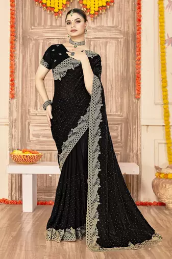 Black color zari embroidery work zarkhan work fendy silk saree with blouse