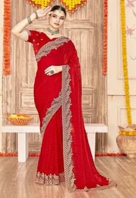 Red color zari embroidery work zarkhan work fendy silk blend saree with blouse 1