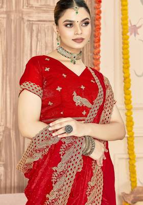 Red color zari embroidery work zarkhan work fendy silk blend saree with blouse 2