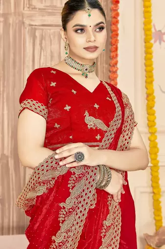 Red color zari embroidery work zarkhan work fendy silk blend saree with blouse