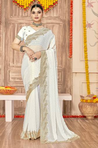White color zari embroidery work zarkhan work fendy silk saree with blouse