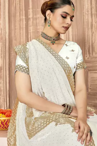White color zari embroidery work zarkhan work fendy silk blend saree with blouse