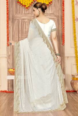 White color zari embroidery work zarkhan work fendy silk blend saree with blouse 3