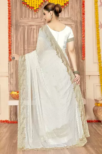 White color zari embroidery work zarkhan work fendy silk blend saree with blouse