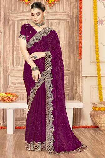 Wine color zari embroidery work zarkhan work fendy silk saree with blouse