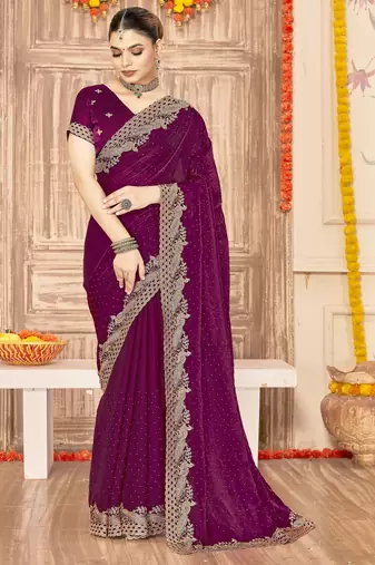 Wine color zari embroidery work zarkhan work fendy silk saree with blouse