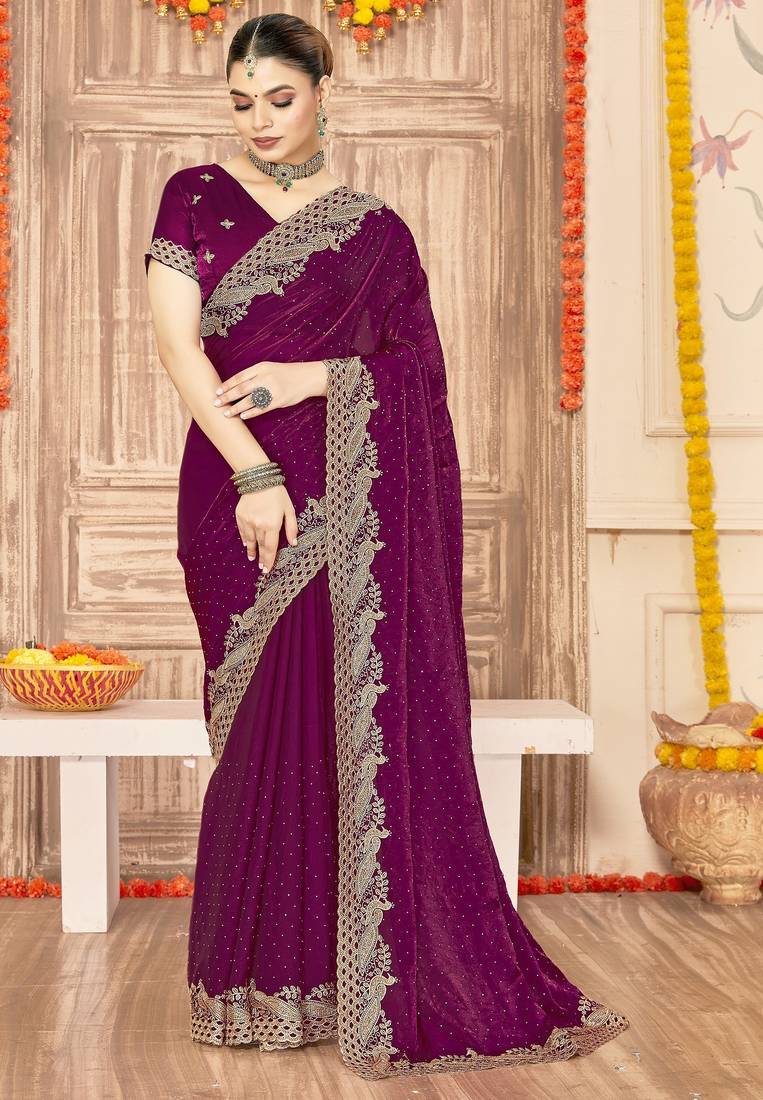 Wine color zari embroidery work zarkhan work fendy silk saree with blouse