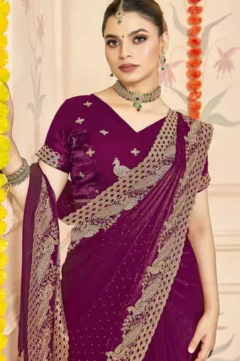 Wine color zari embroidery work zarkhan work fendy silk blend saree with blouse