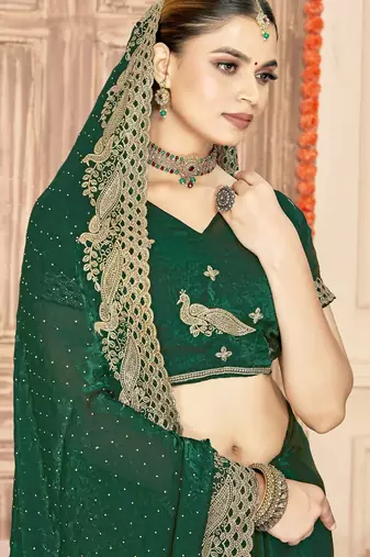 Botle green color zari embroidery work zarkhan work fendy silk blend saree with blouse