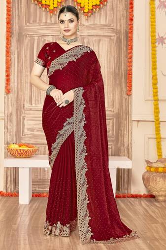 Maroon color zari embroidery work zarkhan work fendy silk saree with blouse
