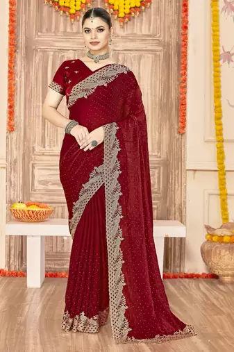 Maroon color zari embroidery work zarkhan work fendy silk saree with blouse