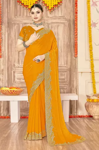 Musturd color zari embroidery work zarkhan work fendy silk saree with blouse