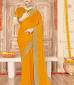 Musturd color zari embroidery work zarkhan work fendy silk saree with blouse