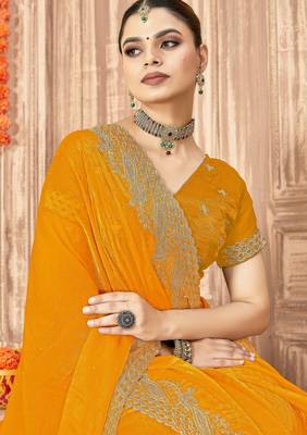 Musturd color zari embroidery work zarkhan work fendy silk blend saree with blouse 2