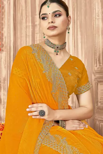 Musturd color zari embroidery work zarkhan work fendy silk blend saree with blouse