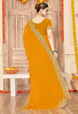 Musturd color zari embroidery work zarkhan work fendy silk blend saree with blouse 3
